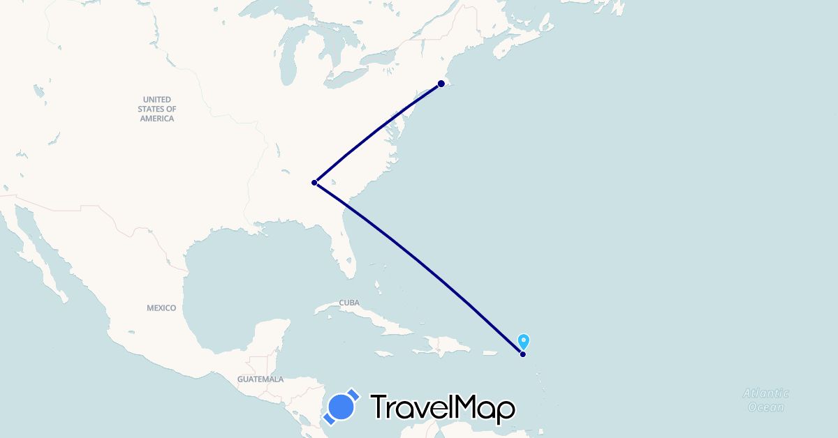 TravelMap itinerary: driving, boat in Anguilla, Netherlands, United States (Europe, North America)